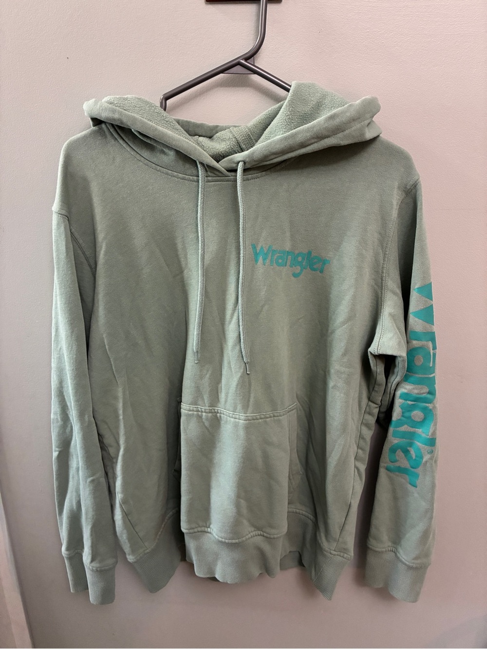 Wrangler Sage Green Crewneck Hoodie with Teal Logo